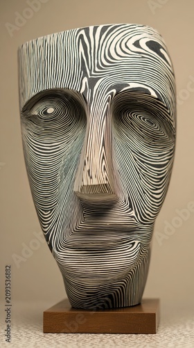 Op Art Face Sculpture Black White Lines Geometric Abstract Style
