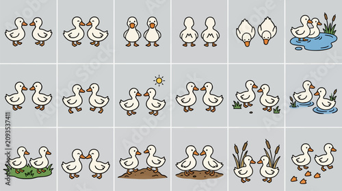 Fotografie Cute Flat Vector Icons of Fluffy White Ducklings in Various Poses and Settings,