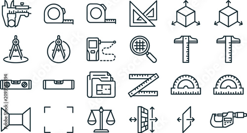 Measurement and Surveying Line Icon Set with Precision Tools, Geometry and Engineering Symbols Collection