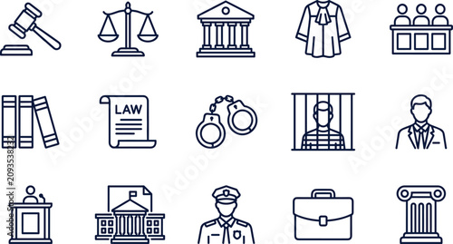 Schilderij op canvas Law and Justice Line Icon Set with Courtroom, Judge, Police and Legal System Sym