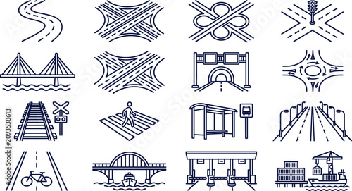 Fotografie Transportation Infrastructure and Road Network Line Icon Set with Bridges, Railw
