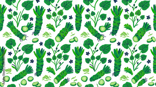Fotografía Japanese Wasabi Root and Leaves Seamless Pattern, Green Organic Vegetable Backgr