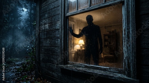 Mysterious silhouette standing inside a wooden cabin window at night in a foggy forest