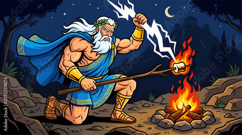 Canvastavla Muscular Zeus Roasting Marshmallow with Lightning Bolt Over Campfire at Night, G