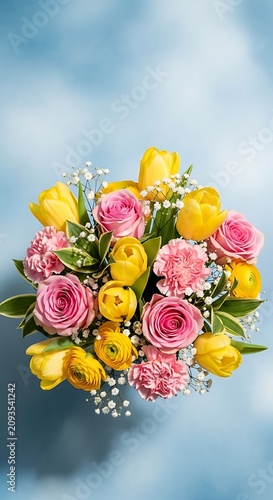 Vibrant Pink and Yellow Flower Bouquet Arranged Against Soft Blue Background