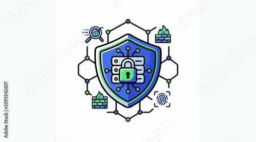 Cyber security shield with lock firewall fingerprint and search icon