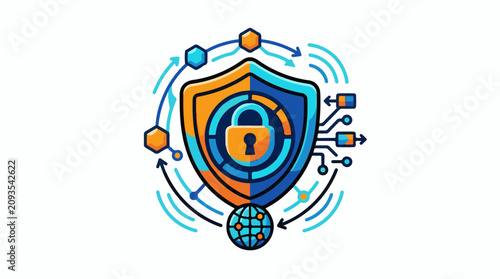 Cyber security shield with padlock globe and circuits