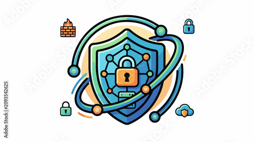 Cyber security shield with network nodes locks cloud and firewall
