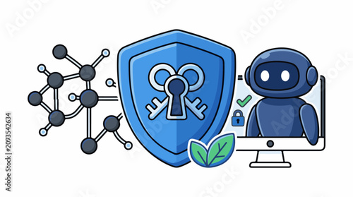 Cybersecurity concept with robot AI and network security shield.
