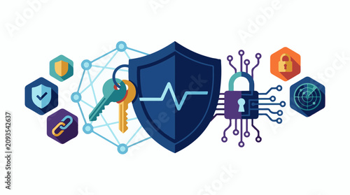 Cybersecurity concept with shield lock keys and network connections.