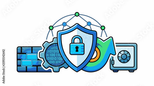 Cyber security symbols lock shield gear safe wall network data
