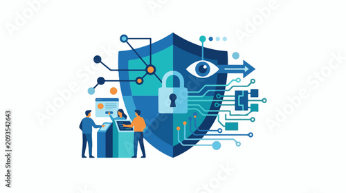 Cybersecurity concept with shield lock and eye symbol.