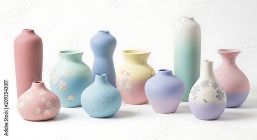 Pastel Ceramic Vases Arranged on White Studio Surface