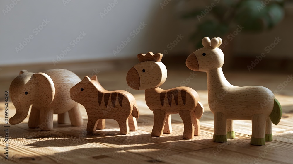 Obraz premium Four simple wooden animal figures including elephant zebra horse and giraffe standing side by side on a light wood floor