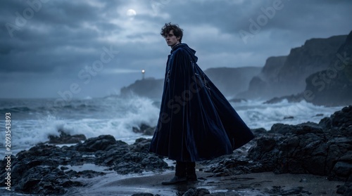Young man wearing velvet cape standing on rocky coast. Stormy sea with distant lighthouse under moody moonlight.
