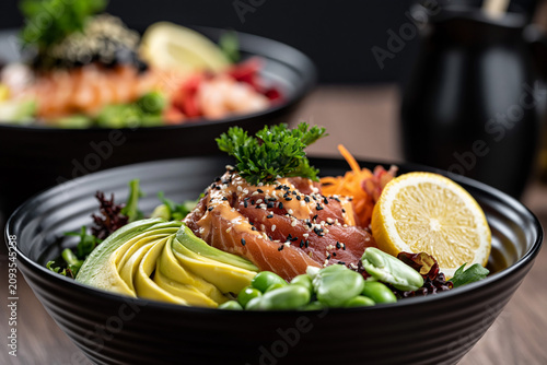 Salmon veggie sushi bowl at restaurant