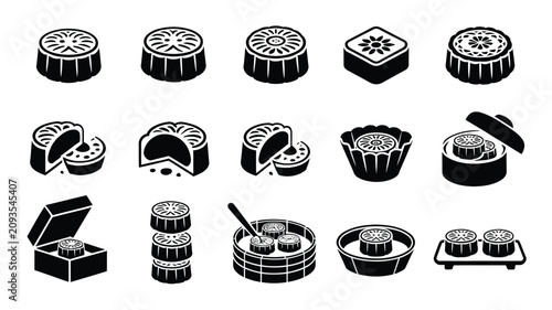 Black and white icons of various mooncakes on different surfaces and in containers