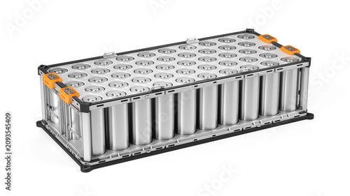 Lithium ion High voltage Battery for Electric Vehicle or Hybrid Car isolated on white. Li-ion Battery Cells Stacked inside module