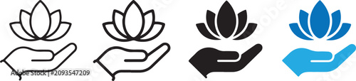 Lotus flower in hand icon set. Zen yoga symbol vector illustration. Spa wellness and care graphic art.