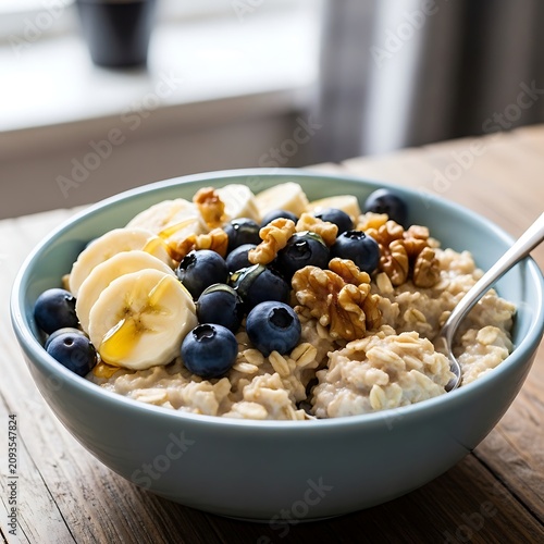 Fresh Oatmeal Bowl Topped with Banana Blueberry Walnut and Honey on Wooden Table
