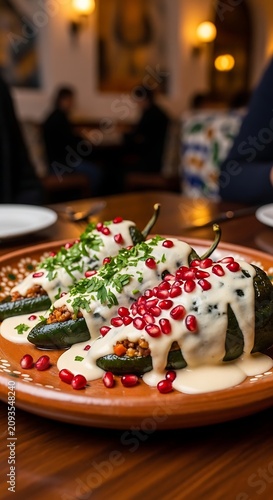Stuffed Green Peppers Topped with Cream Sauce and Pomegranate Seeds in Warm Restaurant