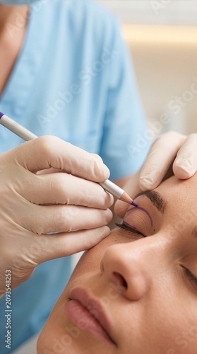 Close up of cosmetic surgeon drawing lines on female patient eye area for blepharoplasty eyelid lift surgery preparation