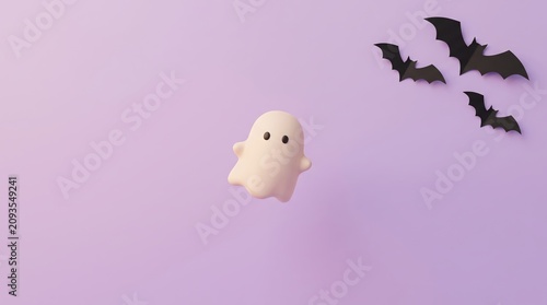 Cute Cartoon Ghost with Black Bats on a Soft Purple Background