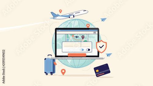 Fotografi Online travel booking concept with laptop airplane and travel accessories airpla