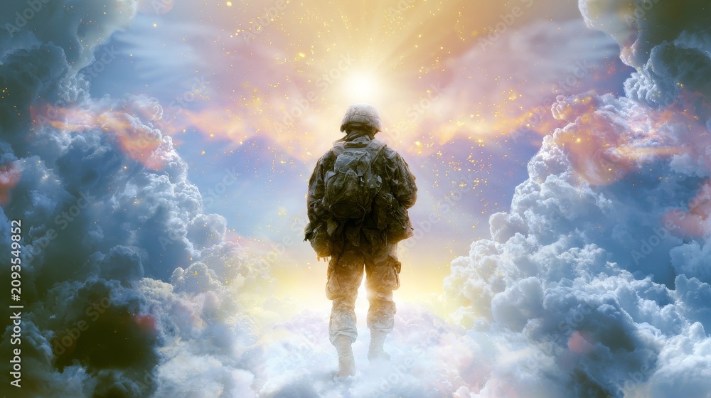 Fototapeta premium Silhouetted figure stands atop swirling clouds