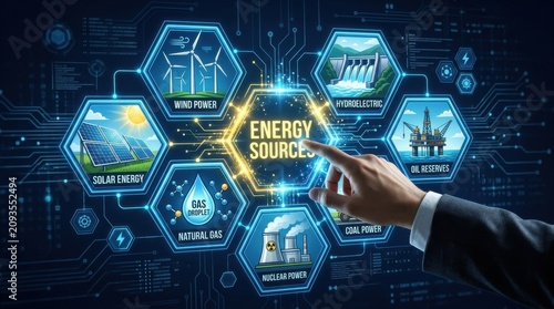 Diverse energy sources concept with hand interaction solar wind hydroelectric gas coal and nuclear power