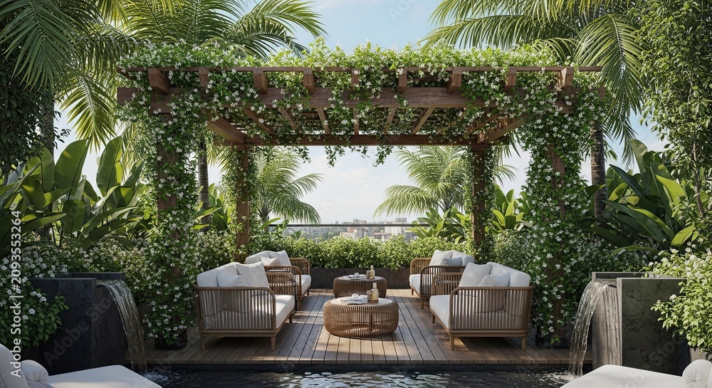 Fototapeta premium Luxury Rooftop Terrace with Pergola, Pool, and Lush Tropical Garden