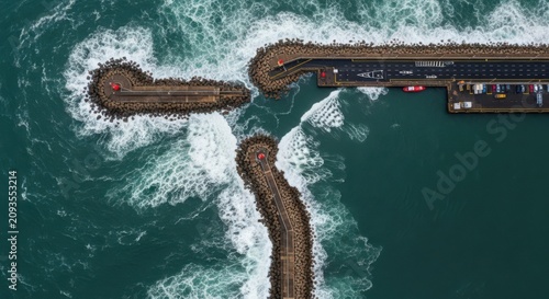 Aerial view of a harbor breakwater structure dividing the ocean waters, showcasing coastal engineering marvels.