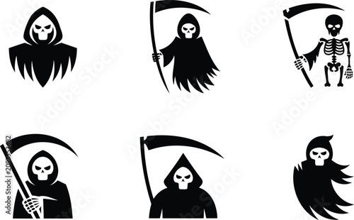 Bild auf Leinwand Grim reaper silhouettes in various poses with scythe and skeleton  death symbols