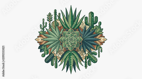 Foto Colorful illustration of various cacti and succulents arranged in a circle
