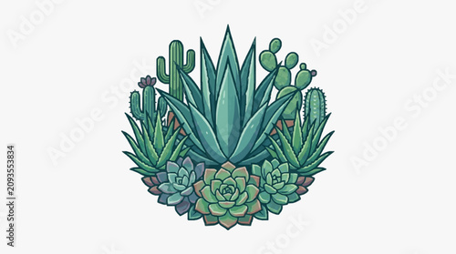 Foto Colorful illustration of various cacti and succulents grouped together