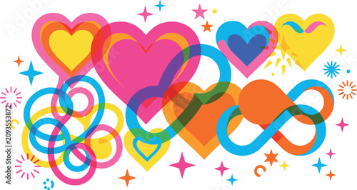 Bild auf Leinwand Colorful Y2K Overlapping Heart and Infinity Loop Vector Graphic Set with Neon Sp