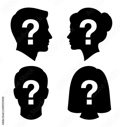 Four black silhouettes of people with question marks on their faces