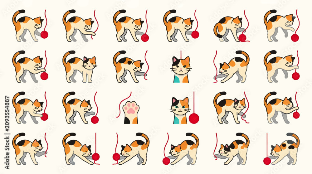 Obraz premium Calico Cat Playful Poses with Red Yarn Ball, Flat Design Vector Illustration Set, Cute Kitten Actions and Expressions, Graphic Resource Collection