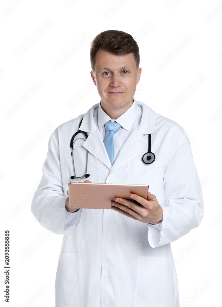 Fototapeta premium Doctor with stethoscope using tablet on white background