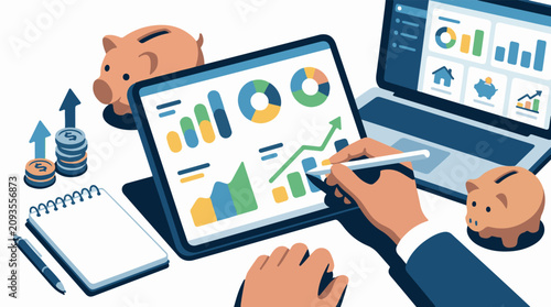 Digital financial analysis with data charts piggy banks and upward trends