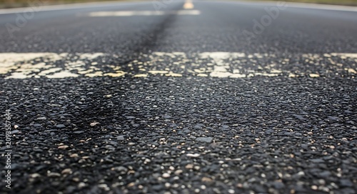 Rough Asphalt Road Surface with White Lane Marking in Low Angle View