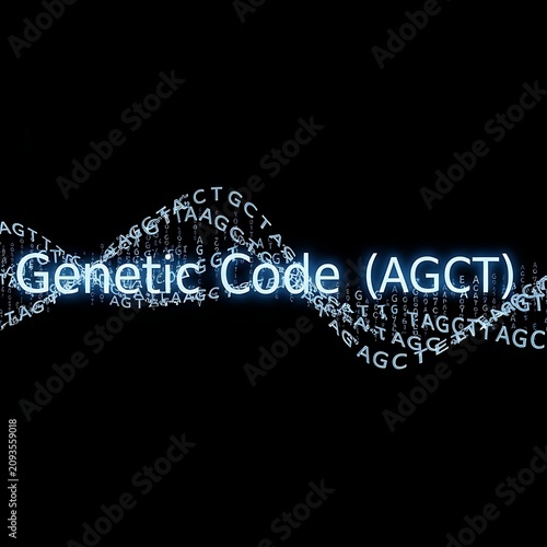 Glowing Genetic Code Text Forming Dna Strand on Black Background