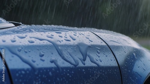 Raindrops fall on a blue car's hood and roof during a stormy weather outside.