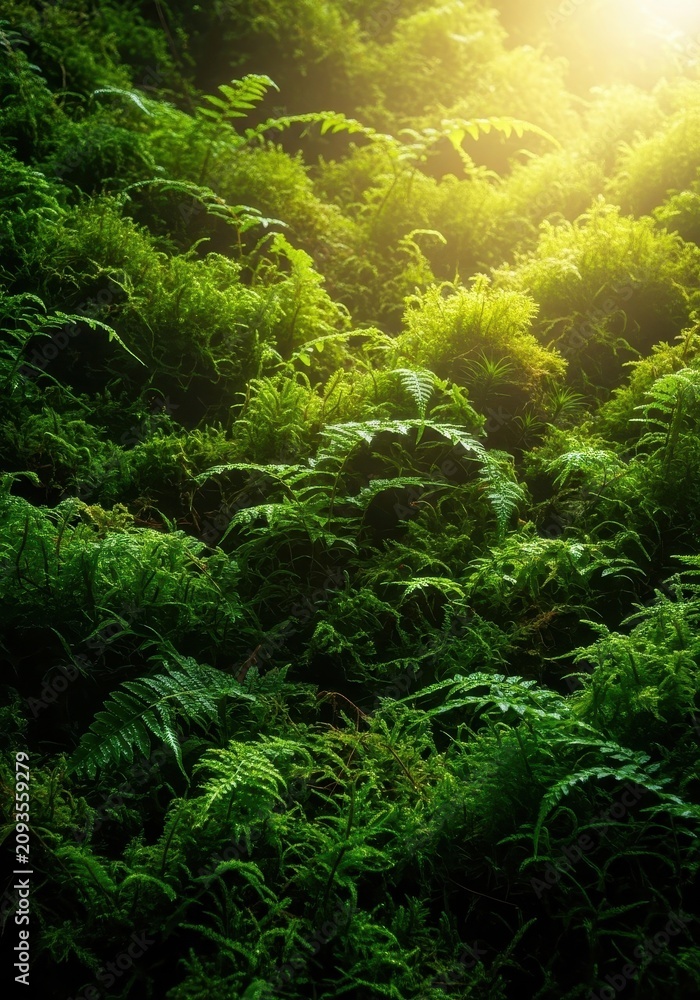 Fototapeta premium Lush green canopy thick with ancient ferns and exotic moss while soft golden sunlight filters through the misty humid tropical air of life, lush, outdoor, ecology