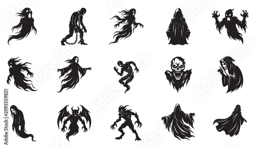 Fotografie Halloween Silhouette Creepy Zombie Monster and Evil Spirit Set