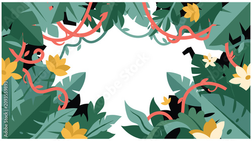 Lush jungle foliage frame with tropical leaves and vines.