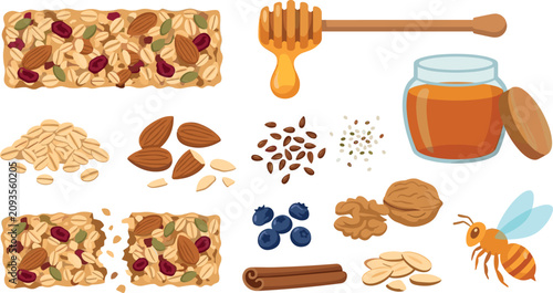 Cuadro en lienzo Healthy Granola Bar Ingredient Set Featuring Oatmeal Flakes, Almonds, Walnuts, F