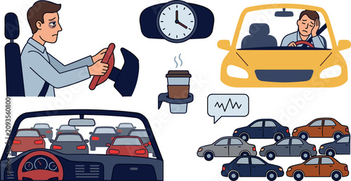 Valokuva Tired Driver and Traffic Jam Vector Illustration Set Featuring Drowsy Commuter C