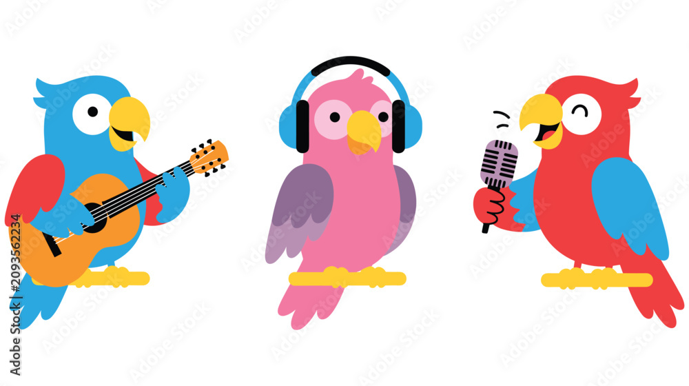 Obraz premium Cute cartoon parrots singing and playing music on branches.