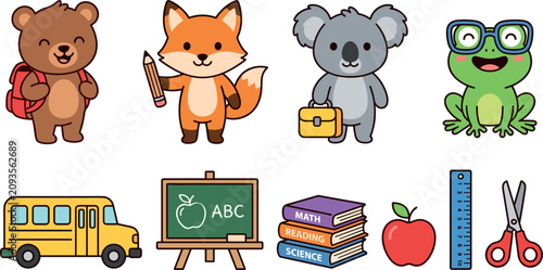 Photography Cute Animals Back to School Vector Illustration Set Featuring Bear Fox Koala Fro